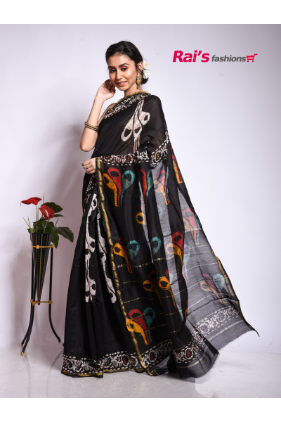 Batik Printed Pure Chanderi Silk Saree With Highlighted One Inch Golden Zari Border (KR24)